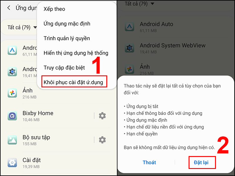 Chọn Khôi phục cài đặt ứng dụng